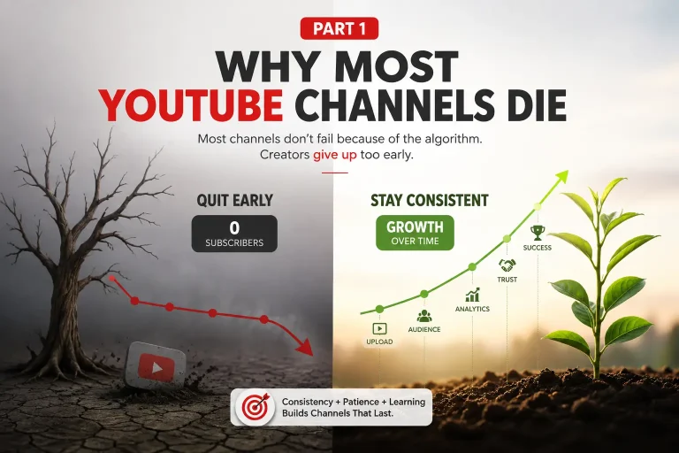 A clean, minimalist infographic titled “PART 1 – WHY MOST YOUTUBE CHANNELS DIE” compares two contrasting creator journeys. On the left, a dead tree stands on cracked ground beside a declining red graph labeled “Quit Early,” symbolizing creators who give up too soon. On the right, a healthy green plant grows alongside an upward-trending graph labeled “Stay Consistent,” illustrating gradual growth through consistent publishing, audience building, analytics, trust, and long-term success. A closing message emphasizes that consistency, patience, and continuous learning build sustainable YouTube channels.